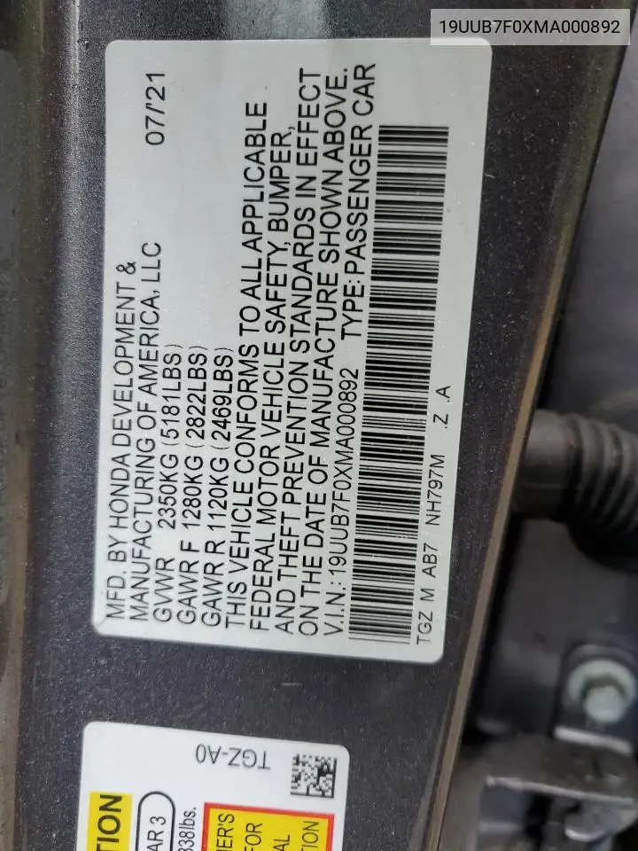 2021 Acura Tlx Type S VIN: 19UUB7F0XMA000892 Lot: 56051945
