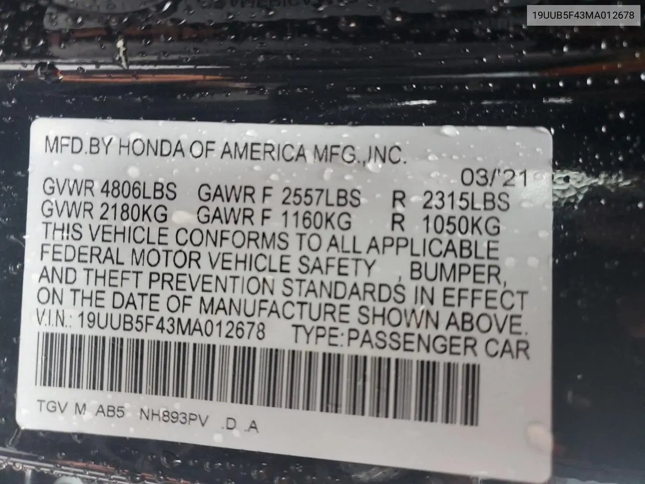 2021 Acura Tlx Technology VIN: 19UUB5F43MA012678 Lot: 59472815