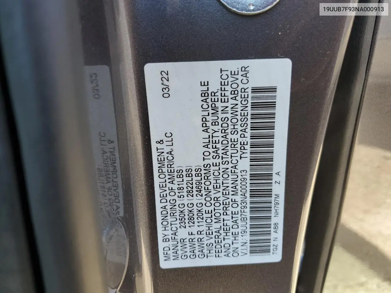 2022 Acura Tlx Type S VIN: 19UUB7F93NA000913 Lot: 55601255