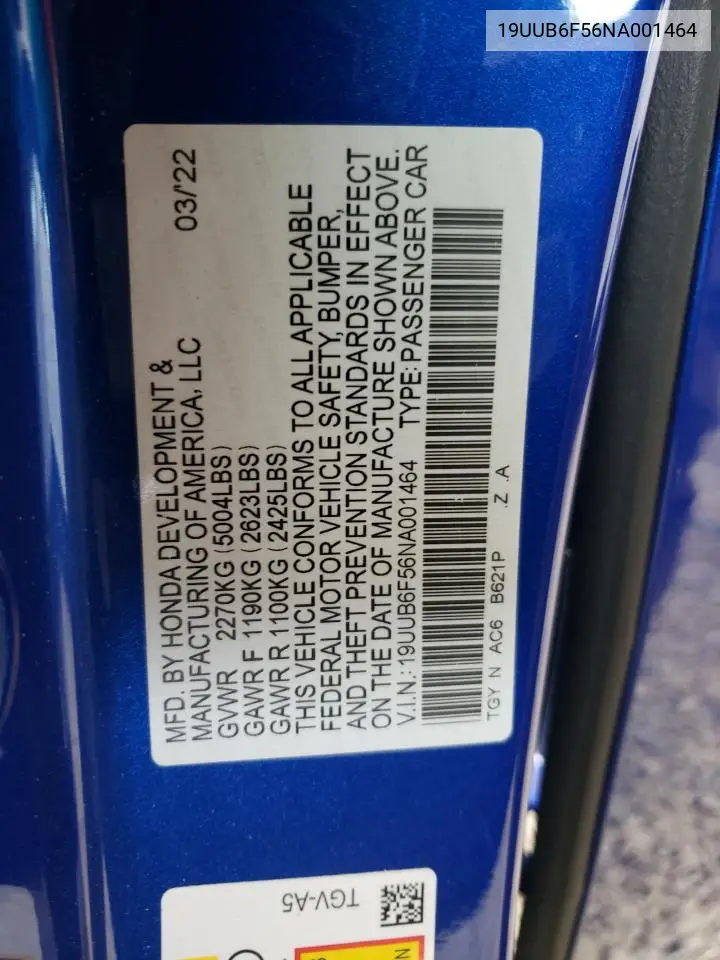 2022 Acura Tlx Tech A VIN: 19UUB6F56NA001464 Lot: 60504805