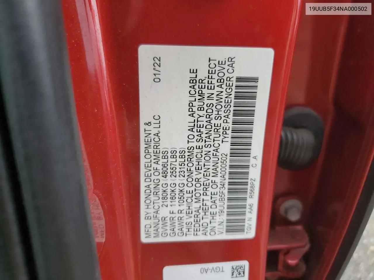 2022 Acura Tlx VIN: 19UUB5F34NA000502 Lot: 61783365