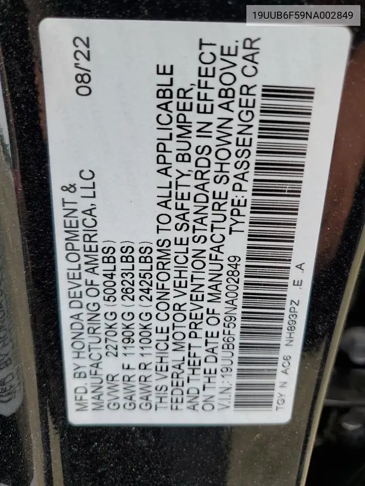 2022 Acura Tlx Tech A VIN: 19UUB6F59NA002849 Lot: 62566955