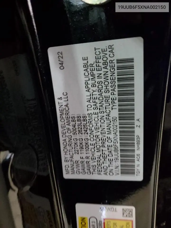 2022 Acura Tlx Tech A VIN: 19UUB6F5XNA002150 Lot: 65559605