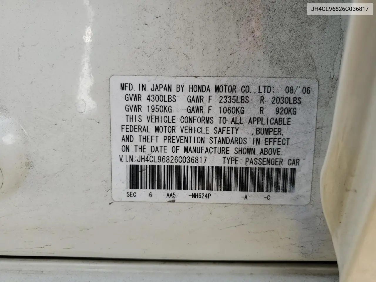 2006 Acura Tsx VIN: JH4CL96826C036817 Lot: 57084175