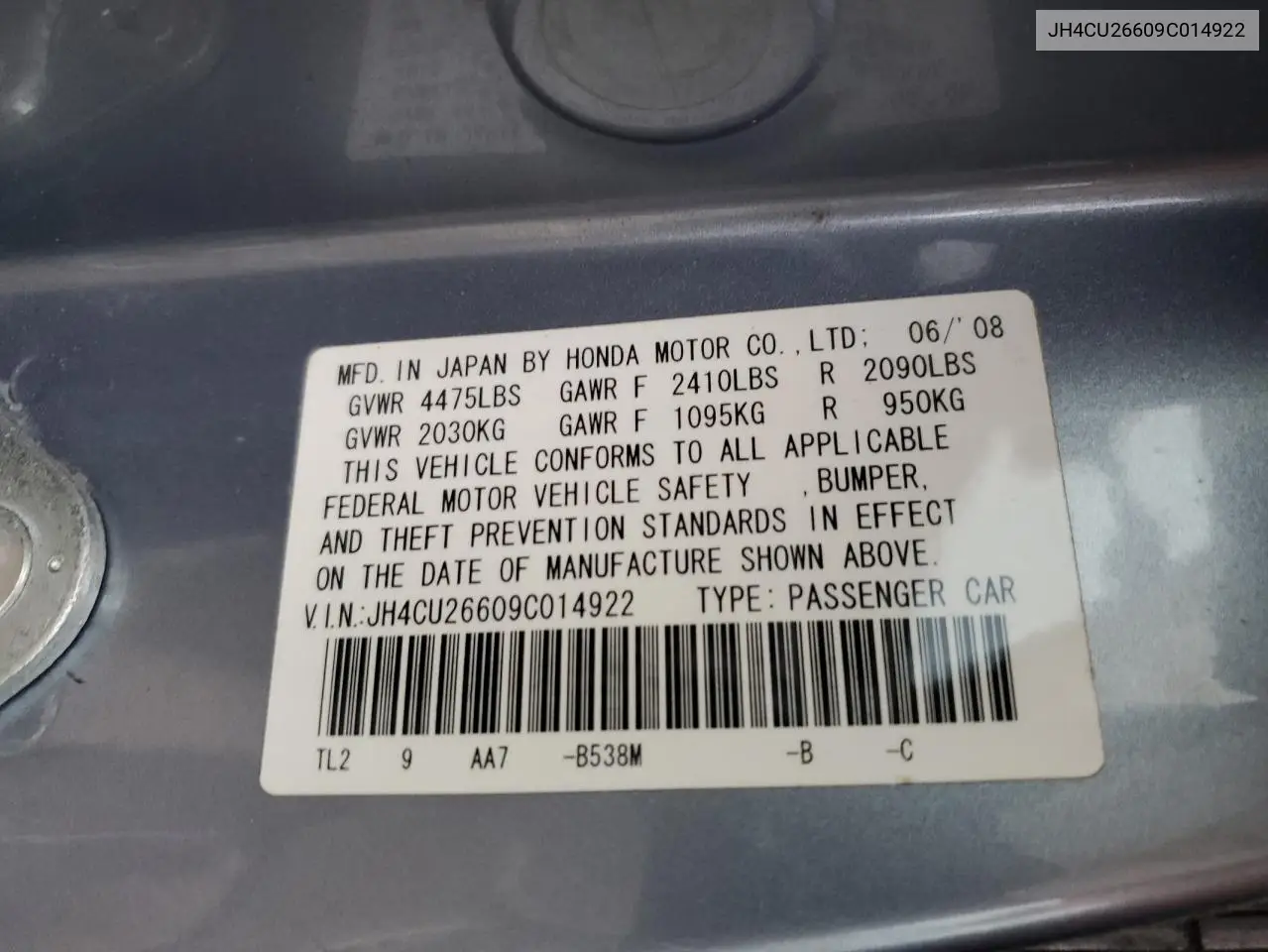 2009 Acura Tsx VIN: JH4CU26609C014922 Lot: 56829565
