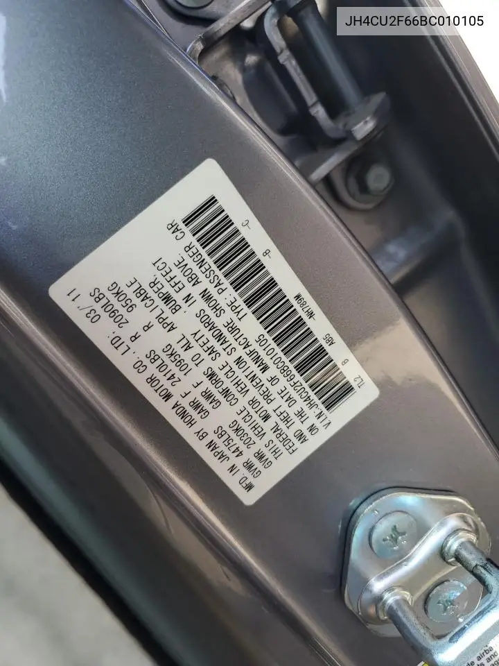 2011 Acura Tsx VIN: JH4CU2F66BC010105 Lot: 61182545