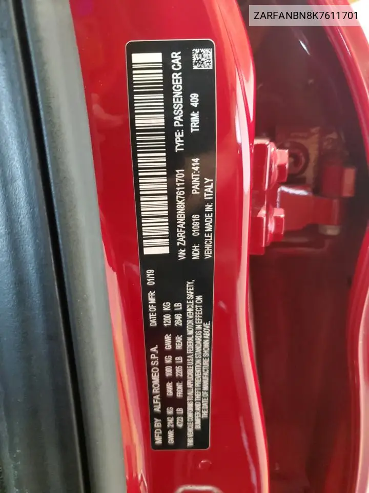 2019 Alfa Romeo Giulia Ti VIN: ZARFANBN8K7611701 Lot: 65389955