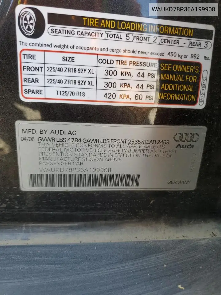 2006 Audi A3 S-Line 3.2 Quattro VIN: WAUKD78P36A199908 Lot: 56402995
