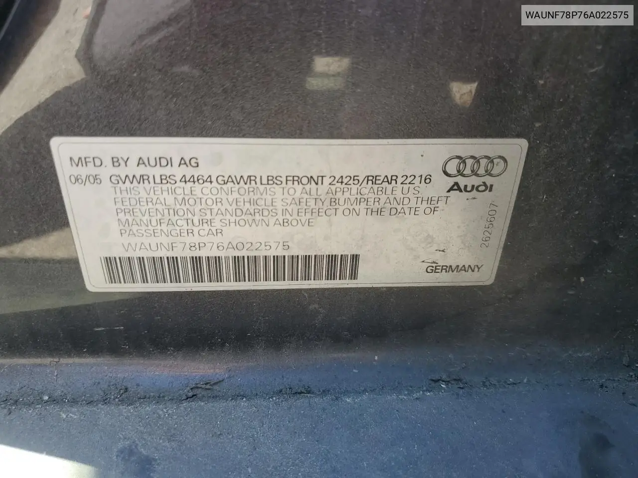 2006 Audi A3 2.0 Premium VIN: WAUNF78P76A022575 Lot: 63123645