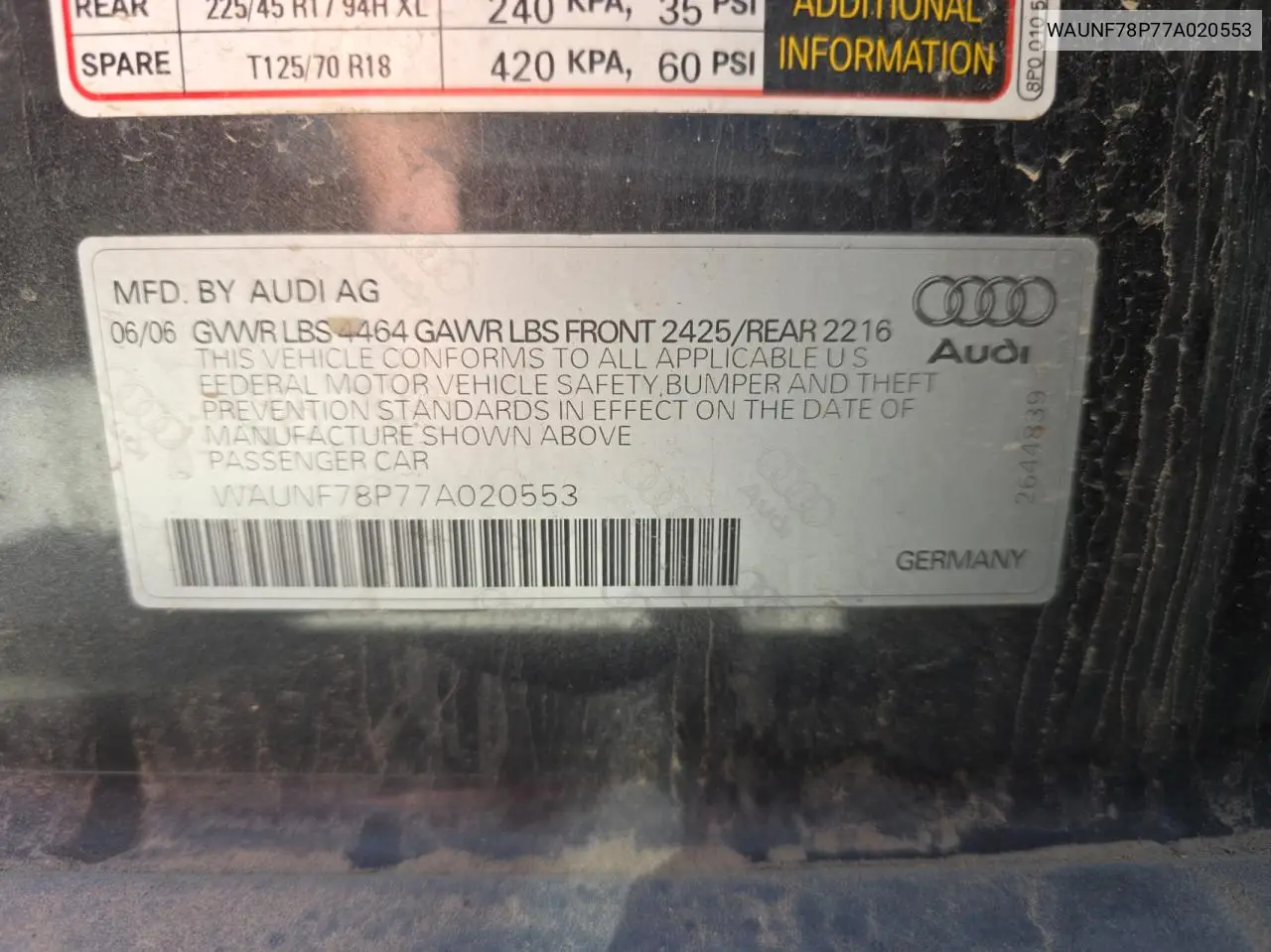 2007 Audi A3 2.0 Premium VIN: WAUNF78P77A020553 Lot: 57468975