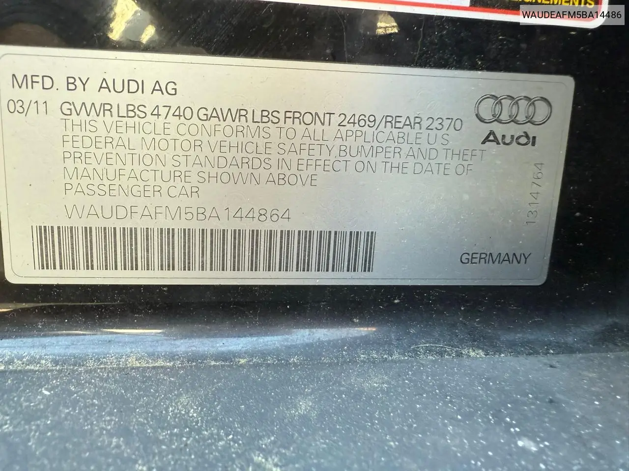 2011 Audi A3 Premium VIN: WAUDEAFM5BA14486 Lot: 57364225