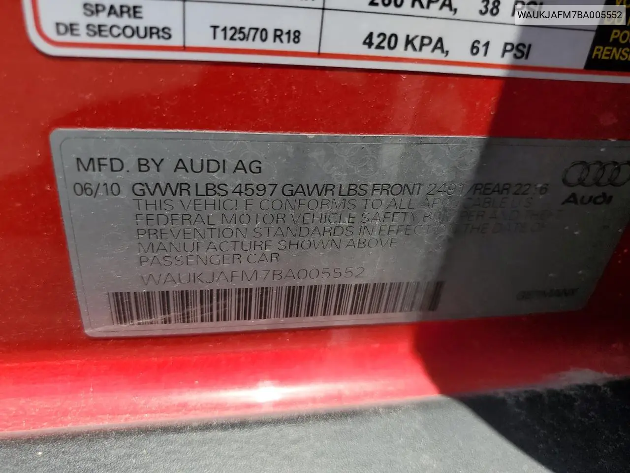 2011 Audi A3 Premium Plus VIN: WAUKJAFM7BA005552 Lot: 60125215
