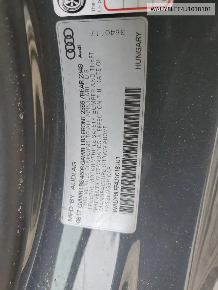 2018 Audi A3 Premium Plus VIN: WAUY8LFF4J1018101 Lot: 62762535