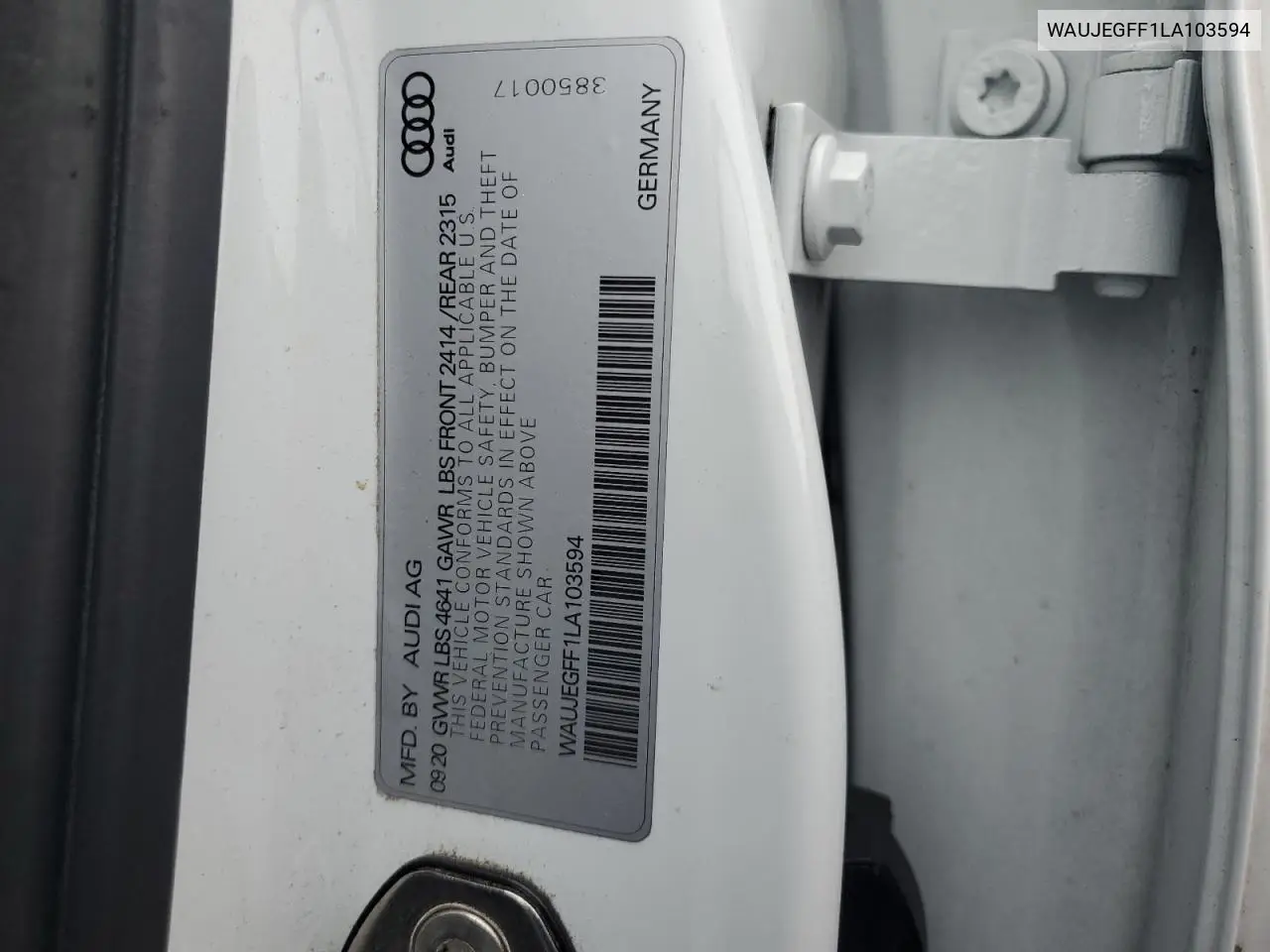 2020 Audi A3 S-Line Premium Plus VIN: WAUJEGFF1LA103594 Lot: 62607235
