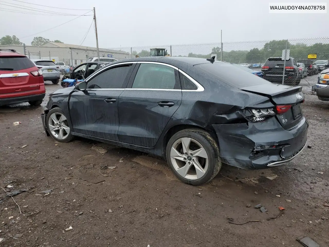 2022 Audi A3 Premium VIN: WAUAUDGY4NA078758 Lot: 58999495