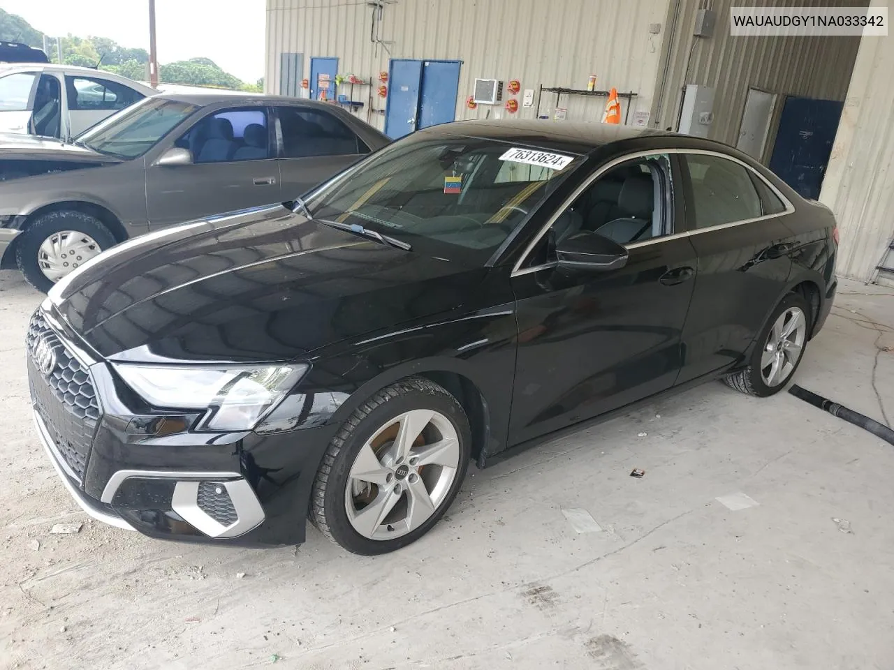 2022 Audi A3 Premium VIN: WAUAUDGY1NA033342 Lot: 76313624