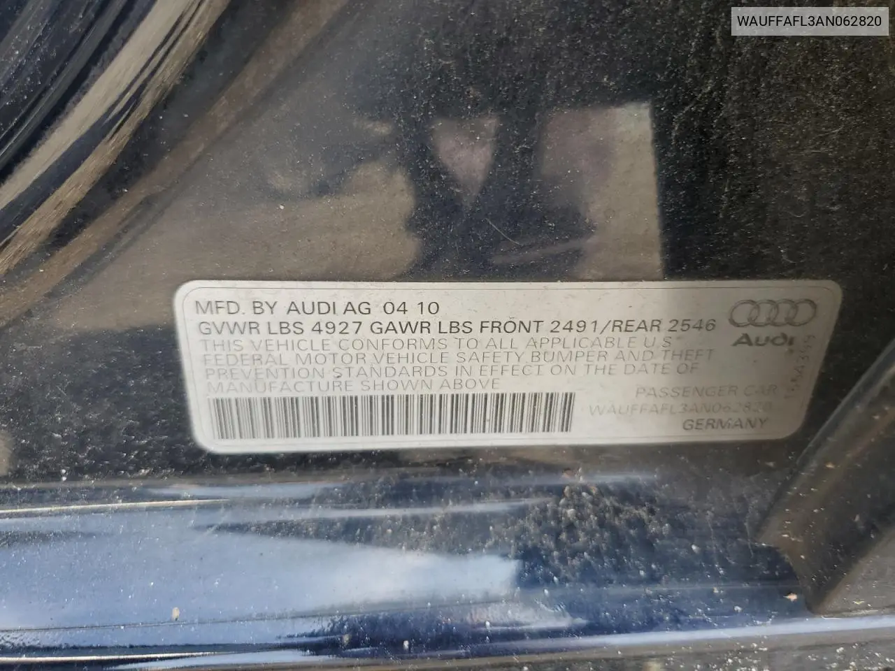 2010 Audi A4 Premium Plus VIN: WAUFFAFL3AN062820 Lot: 63121505