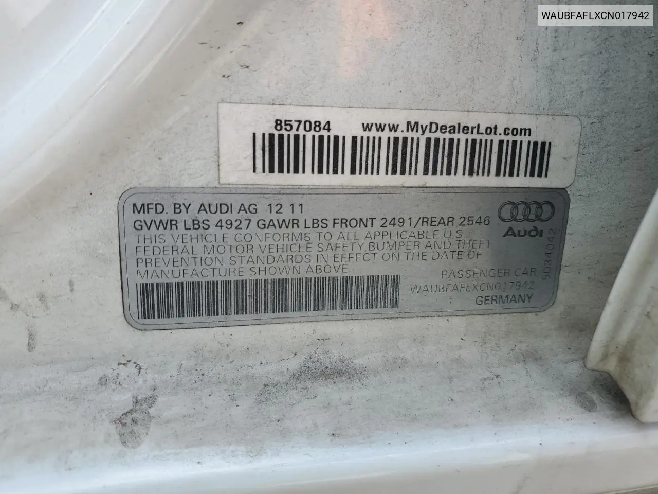 2012 Audi A4 Premium VIN: WAUBFAFLXCN017942 Lot: 56660135