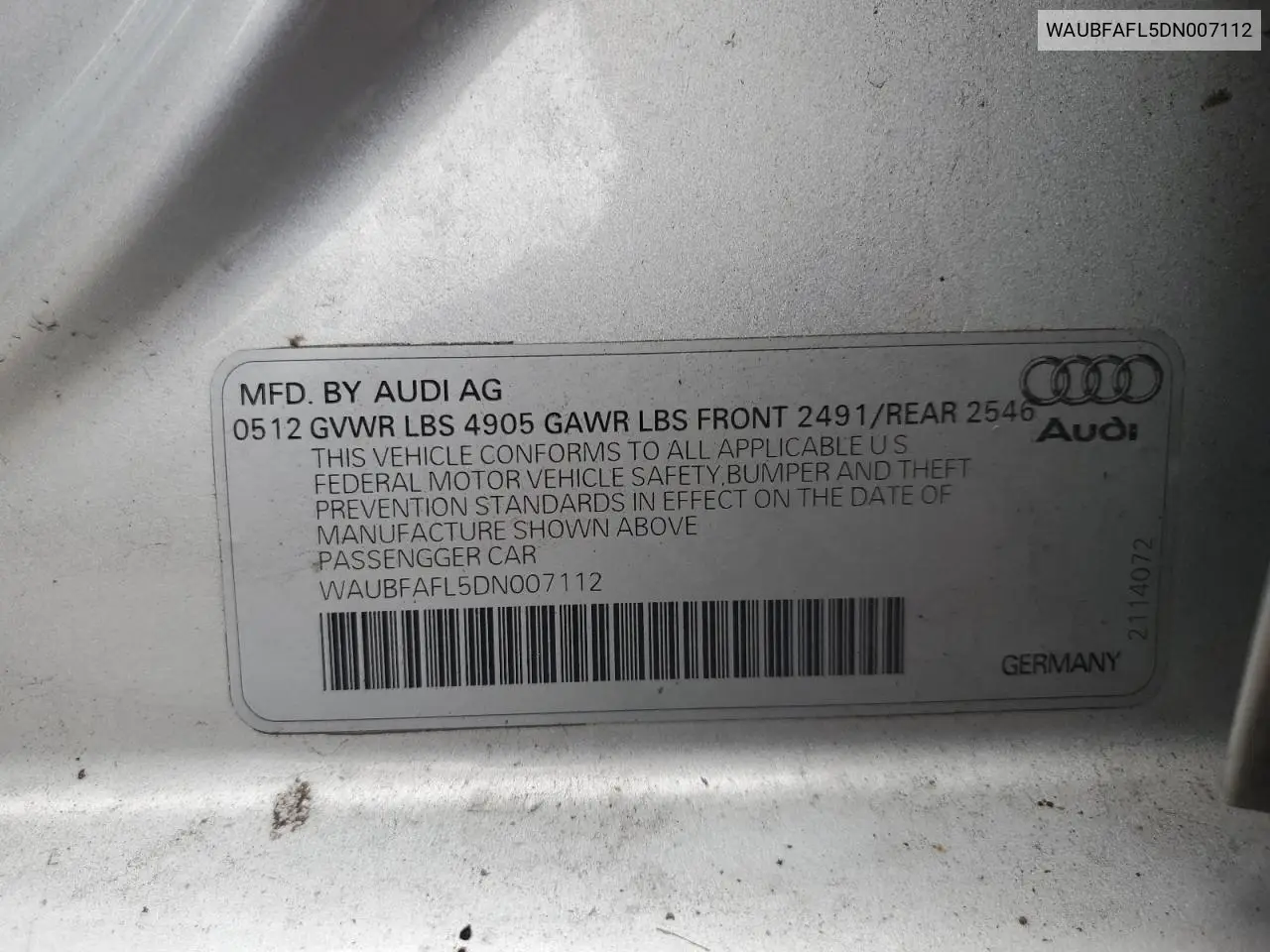 2013 Audi A4 Premium VIN: WAUBFAFL5DN007112 Lot: 62006545