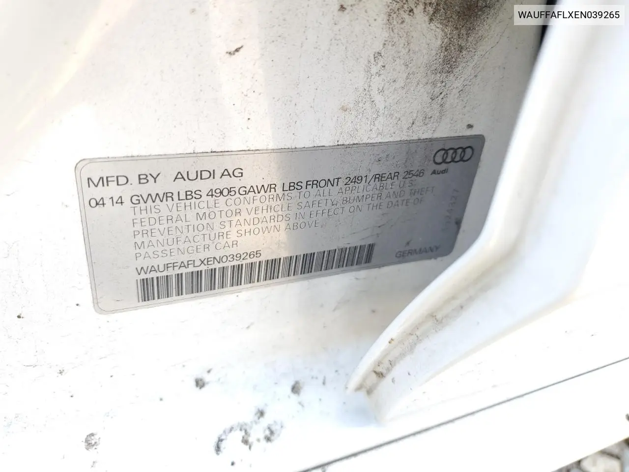 2014 Audi A4 Premium Plus VIN: WAUFFAFLXEN039265 Lot: 61771835