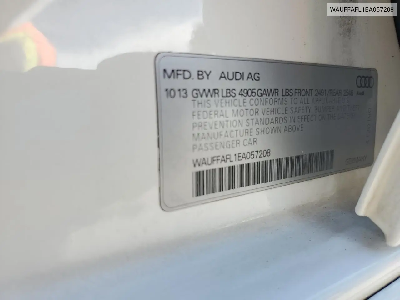 2014 Audi A4 Premium Plus VIN: WAUFFAFL1EA057208 Lot: 62485855