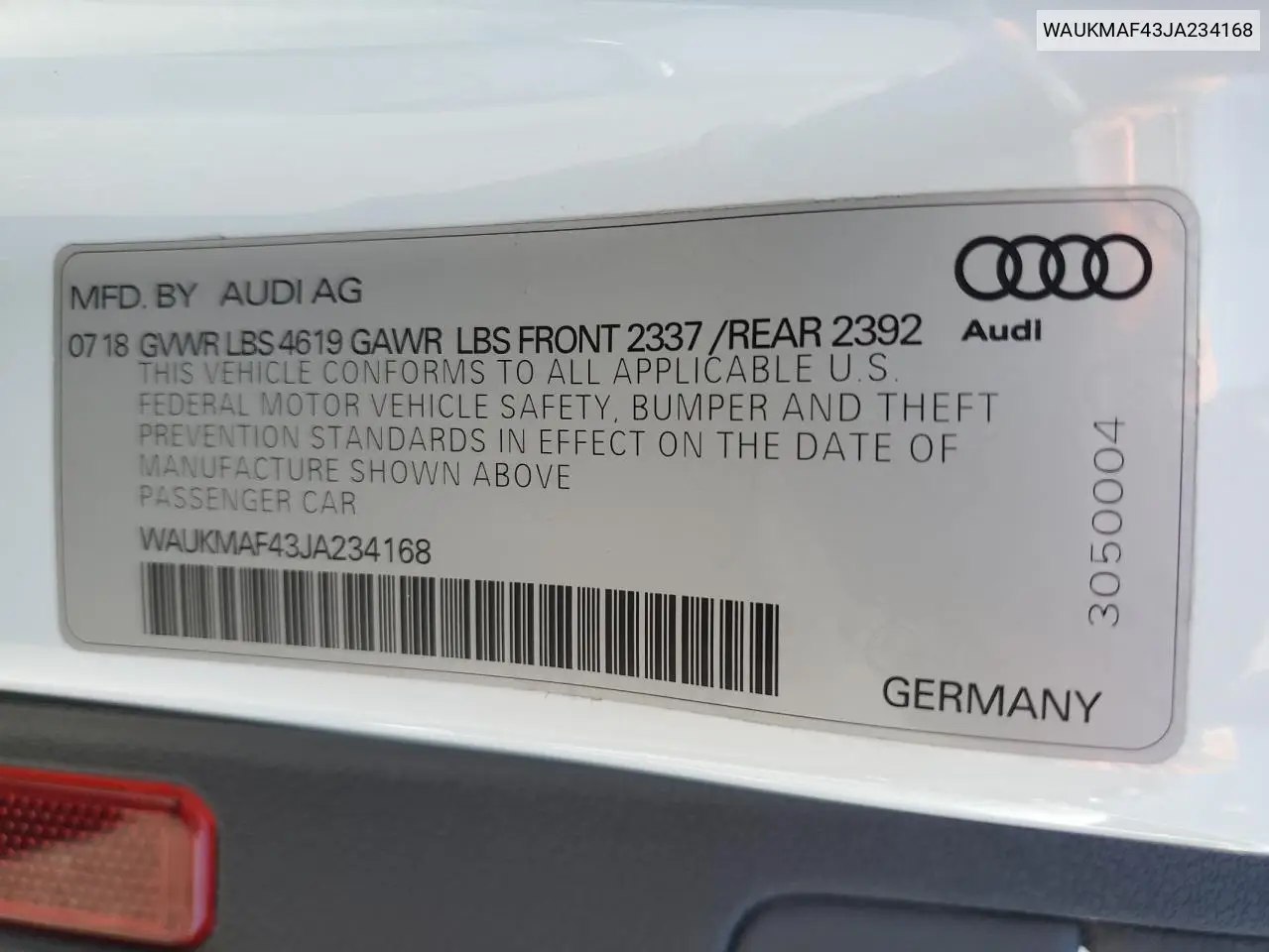2018 Audi A4 Premium VIN: WAUKMAF43JA234168 Lot: 56505075