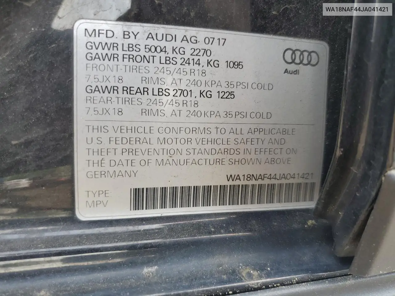 2018 Audi A4 Allroad Premium Plus VIN: WA18NAF44JA041421 Lot: 56576055
