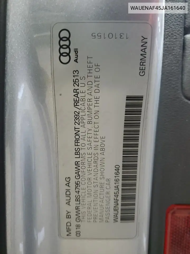 2018 Audi A4 Premium Plus VIN: WAUENAF45JA161640 Lot: 56779945