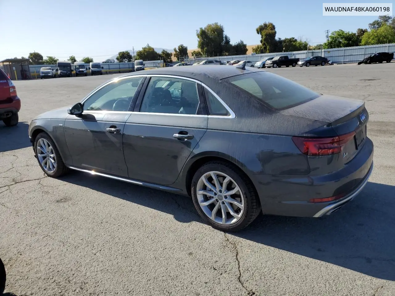 2019 Audi A4 Premium VIN: WAUDNAF48KA060198 Lot: 62713115