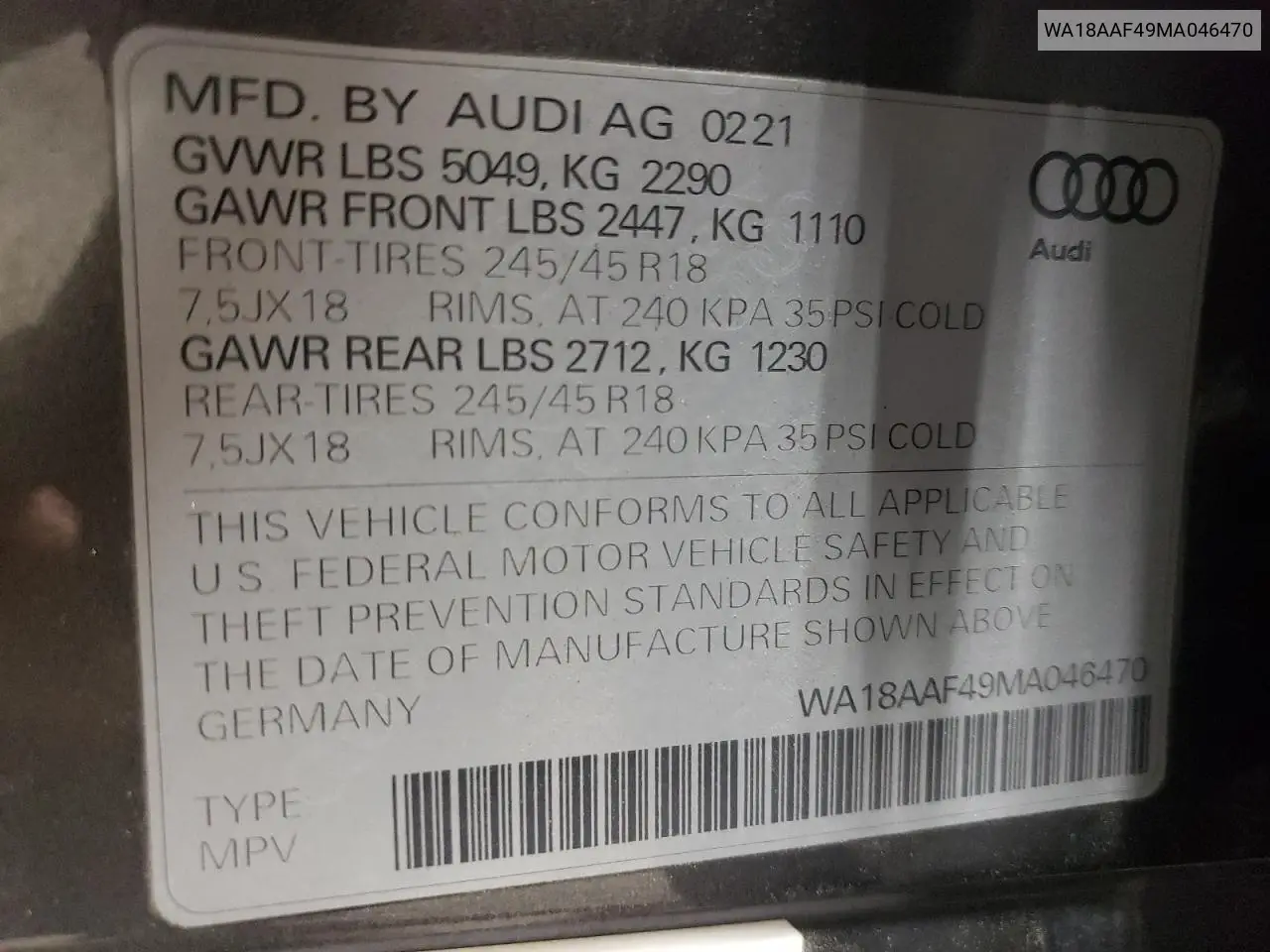 2021 Audi A4 Allroad Premium Plus VIN: WA18AAF49MA046470 Lot: 56753165