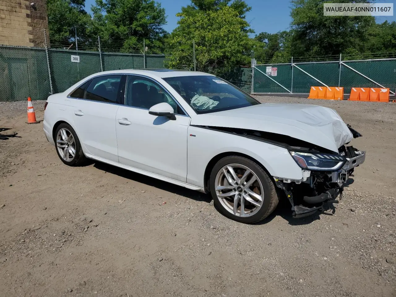 2022 Audi A4 Premium Plus 45 VIN: WAUEAAF40NN011607 Lot: 62469765