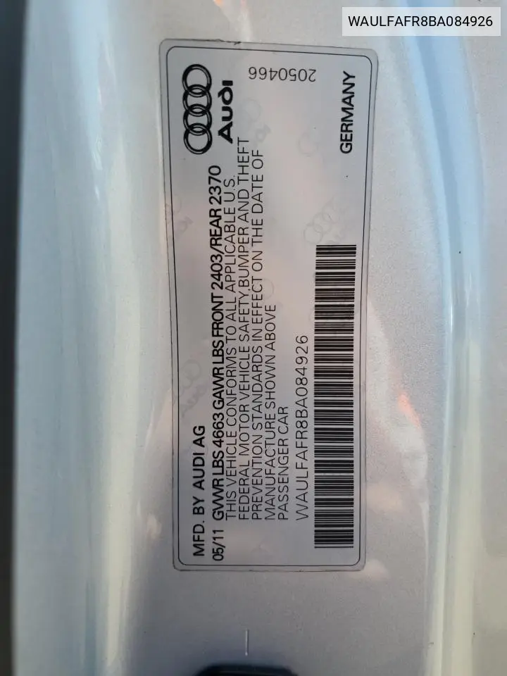 2011 Audi A5 Premium Plus VIN: WAULFAFR8BA084926 Lot: 63069885