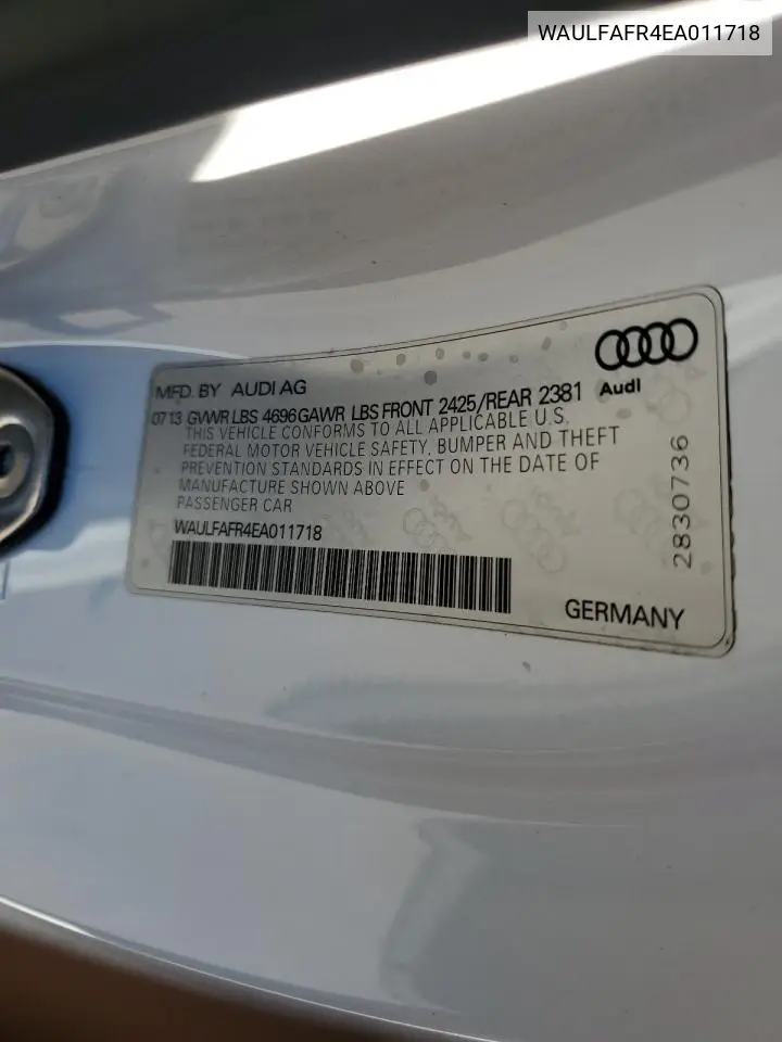 2014 Audi A5 Premium Plus VIN: WAULFAFR4EA011718 Lot: 61240465
