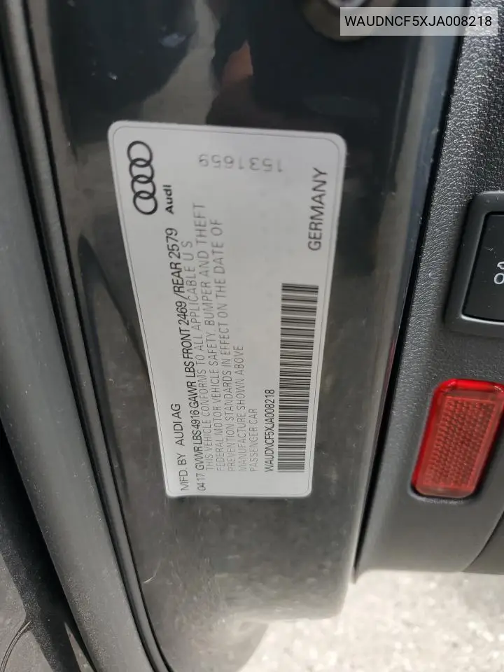 2018 Audi A5 Premium S Line VIN: WAUDNCF5XJA008218 Lot: 62691845