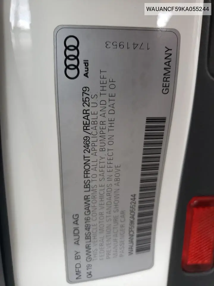 2019 Audi A5 Premium VIN: WAUANCF59KA055244 Lot: 62023925