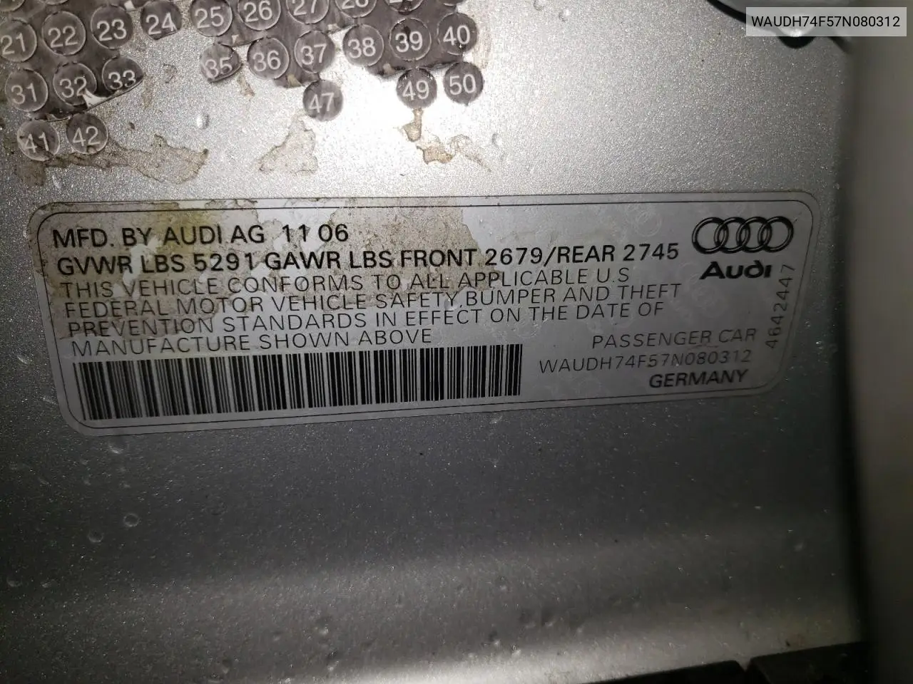 2007 Audi A6 3.2 Quattro VIN: WAUDH74F57N080312 Lot: 62150265