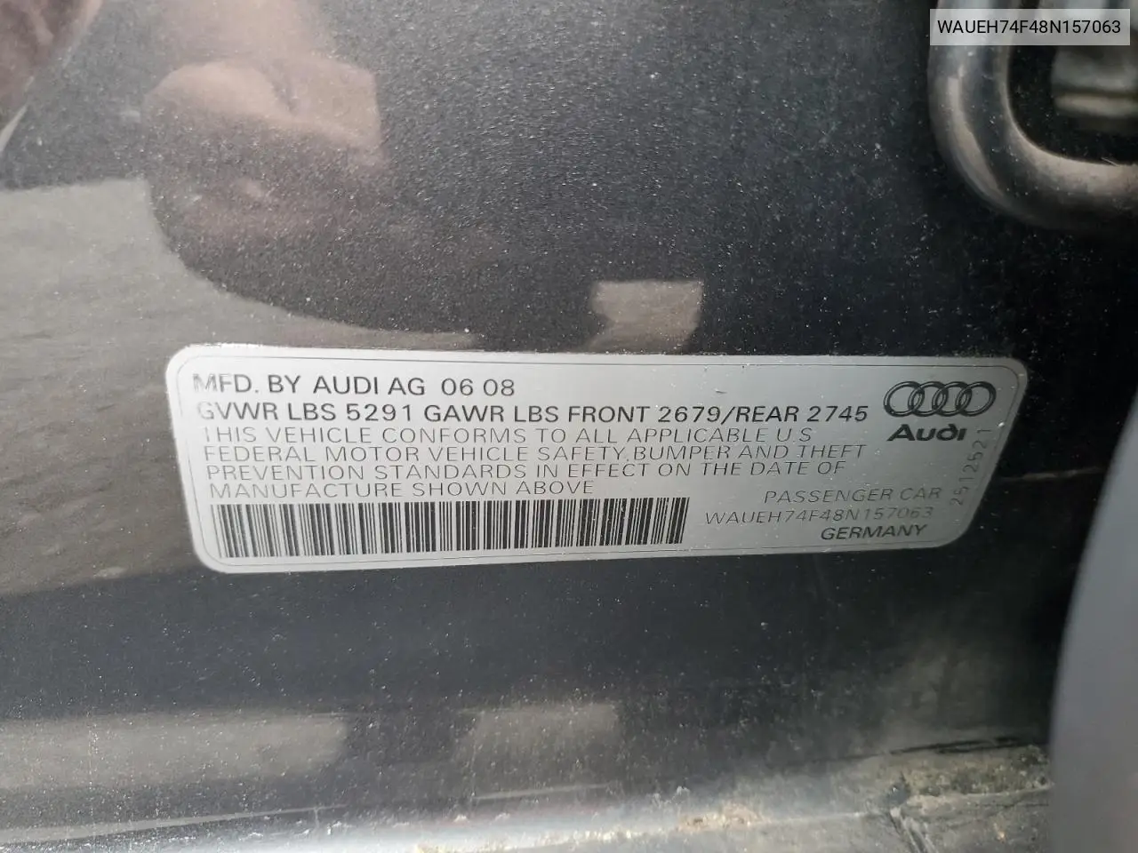 2008 Audi A6 S-Line 3.2 Quattro VIN: WAUEH74F48N157063 Lot: 57866265