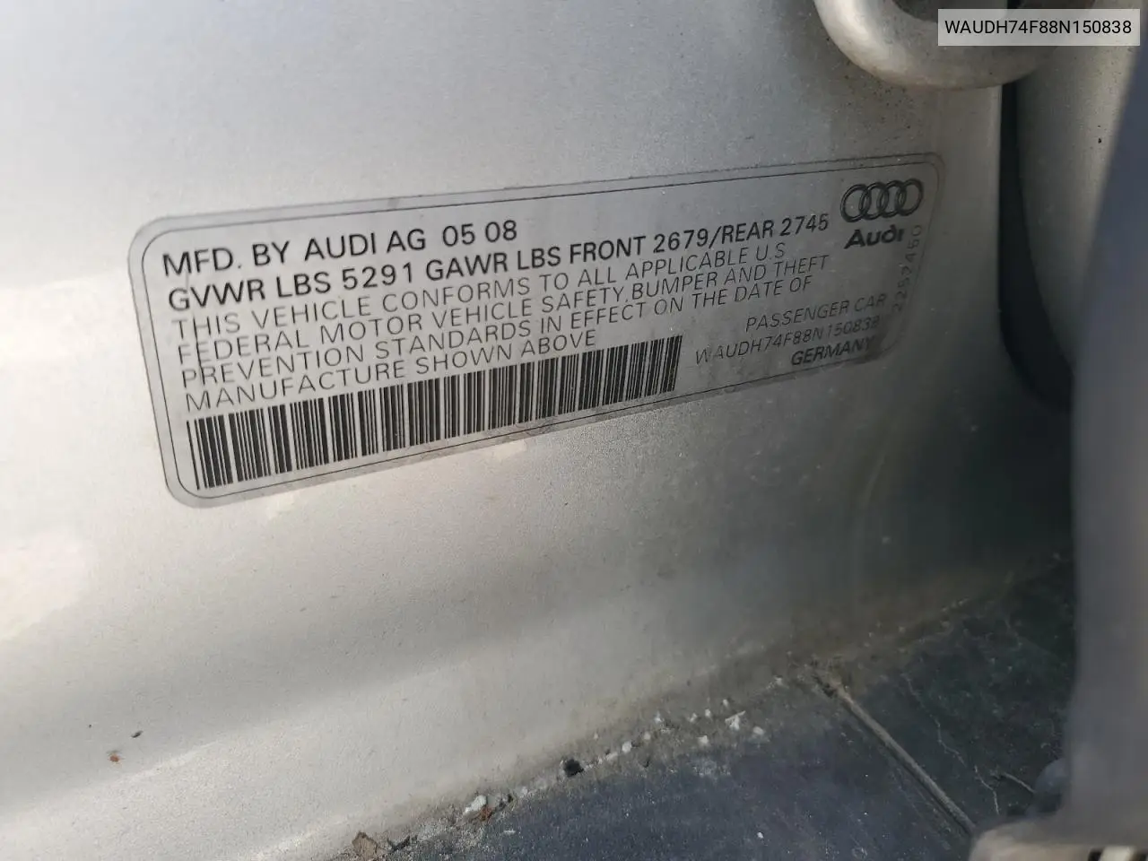 2008 Audi A6 3.2 Quattro VIN: WAUDH74F88N150838 Lot: 60650225