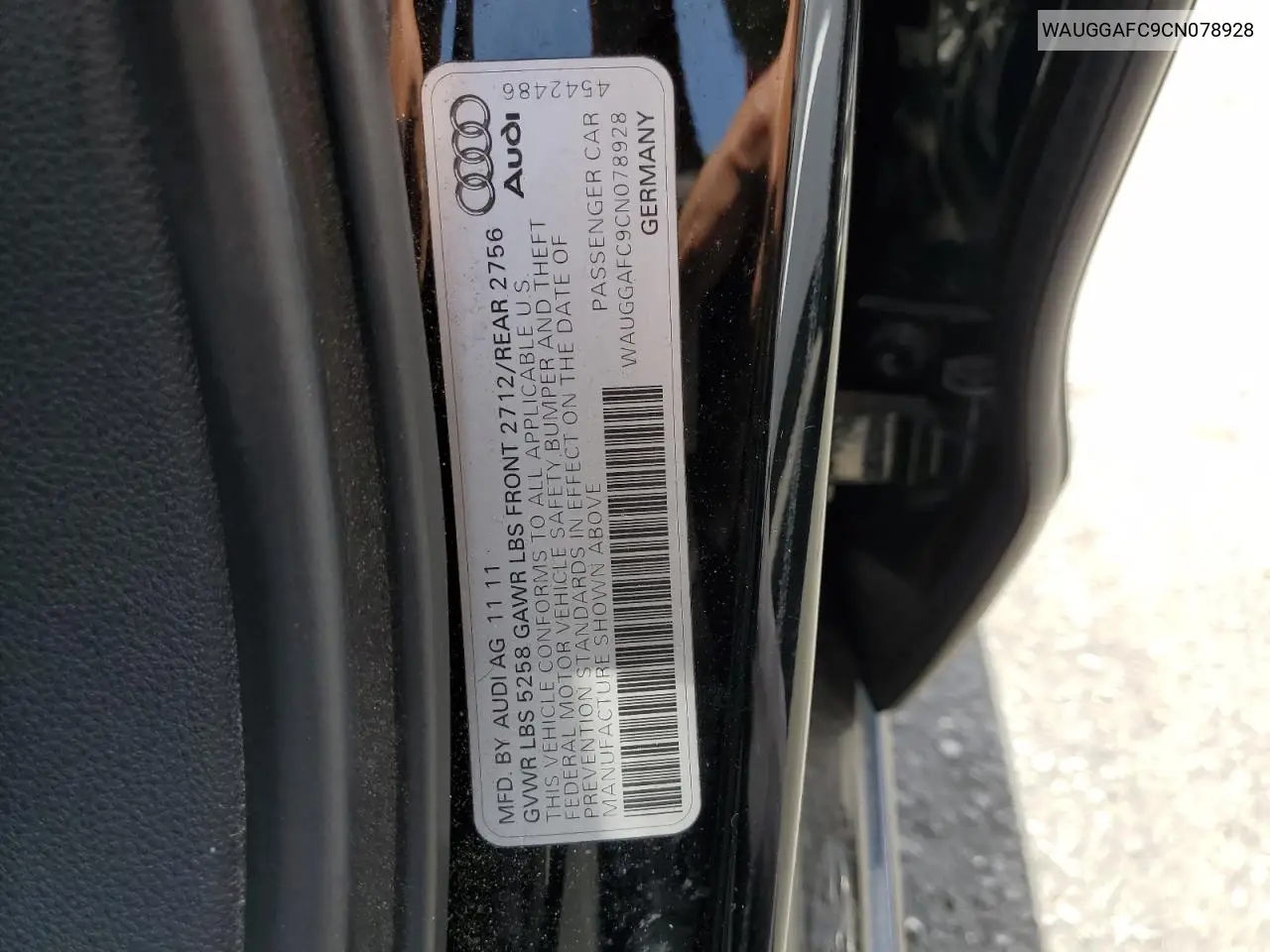 2012 Audi A6 Premium Plus VIN: WAUGGAFC9CN078928 Lot: 56406115