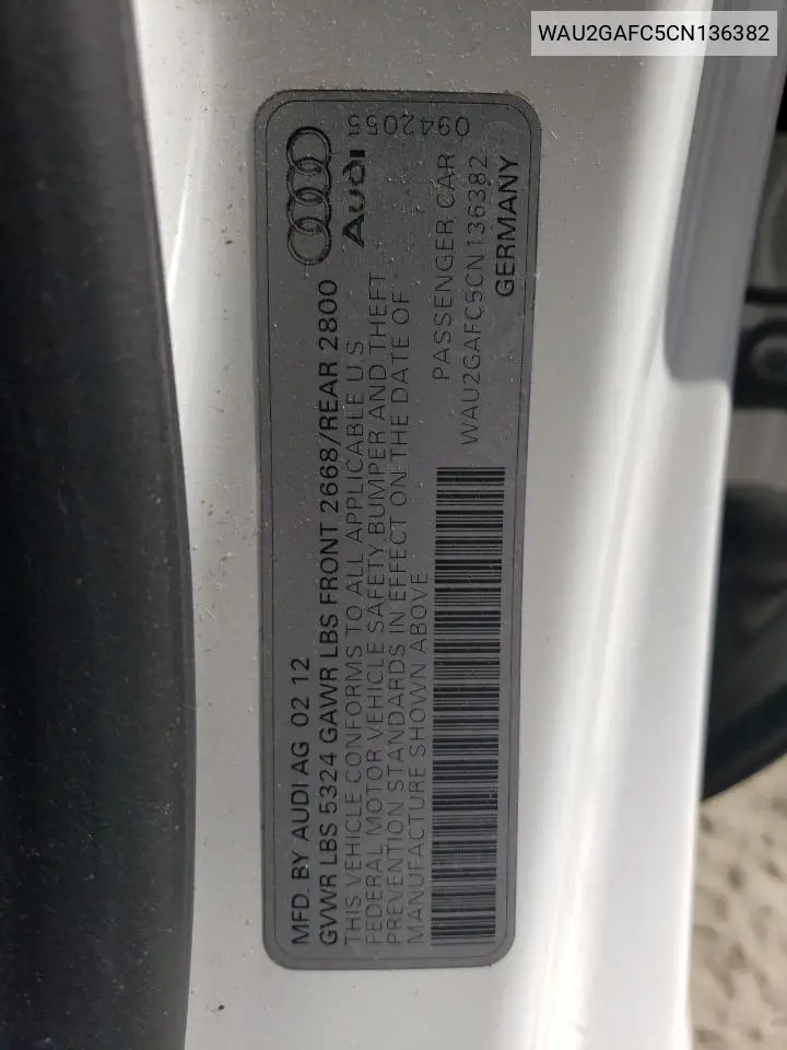 2012 Audi A7 Prestige VIN: WAU2GAFC5CN136382 Lot: 61076065