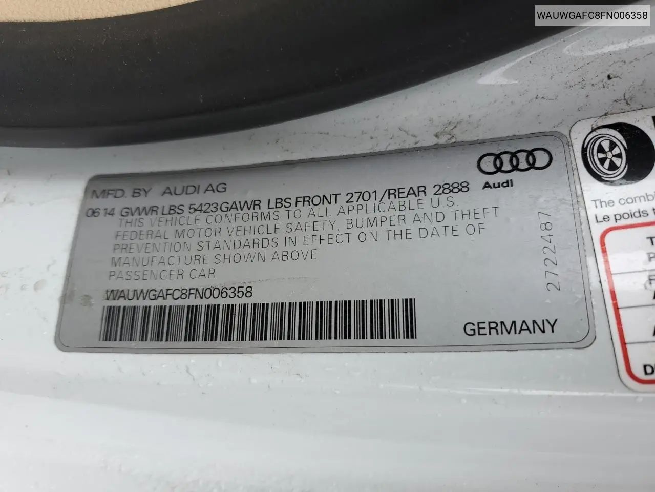 2015 Audi A7 Premium Plus VIN: WAUWGAFC8FN006358 Lot: 60814255