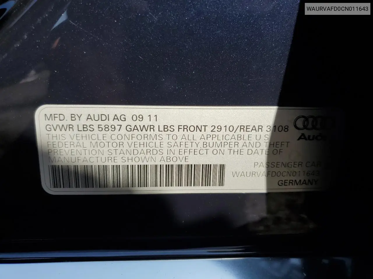 2012 Audi A8 L Quattro VIN: WAURVAFD0CN011643 Lot: 61622365