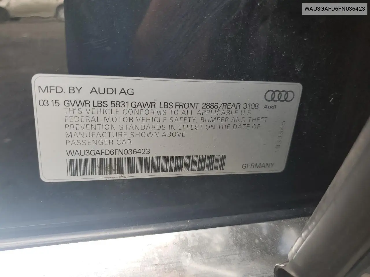 2015 Audi A8 L Quattro VIN: WAU3GAFD6FN036423 Lot: 60436925