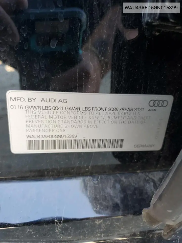 2016 Audi A8 L Quattro VIN: WAU43AFD5GN015399 Lot: 56144265