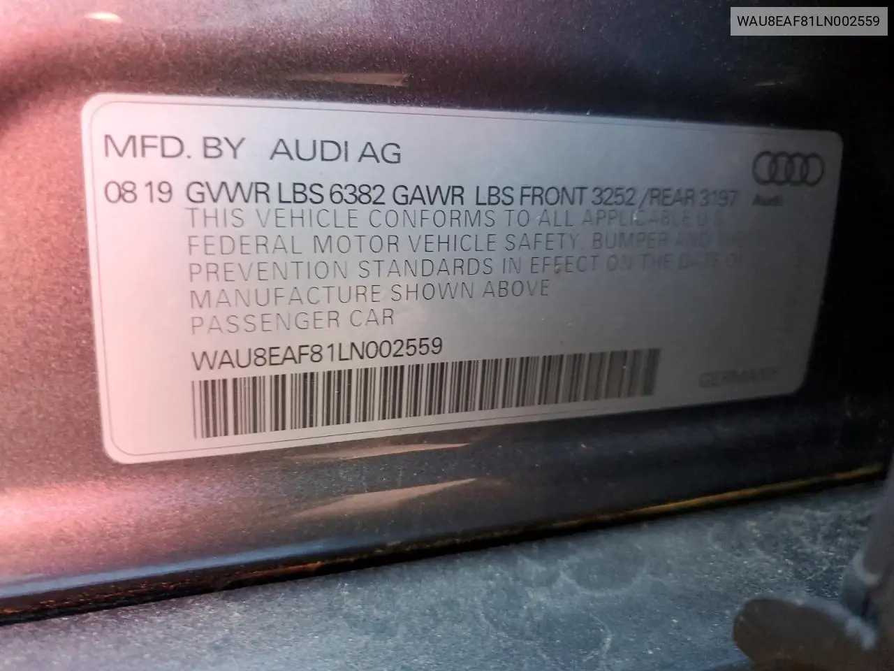 2020 Audi A8 L VIN: WAU8EAF81LN002559 Lot: 81567644