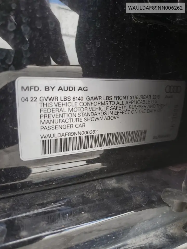 2022 Audi A8 L VIN: WAULDAF89NN006262 Lot: 57478025