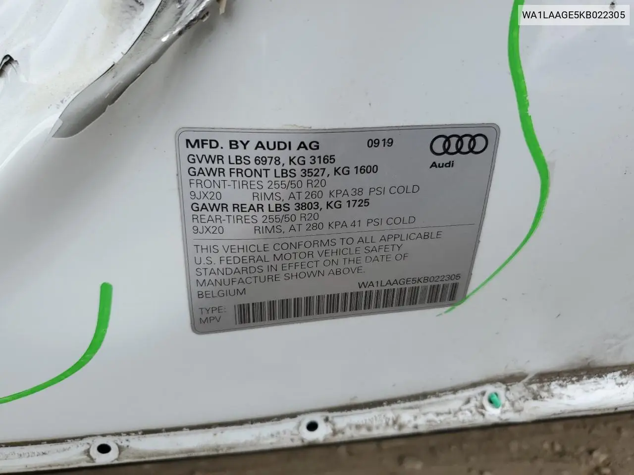 2019 Audi E-Tron Premium Plus VIN: WA1LAAGE5KB022305 Lot: 50629785