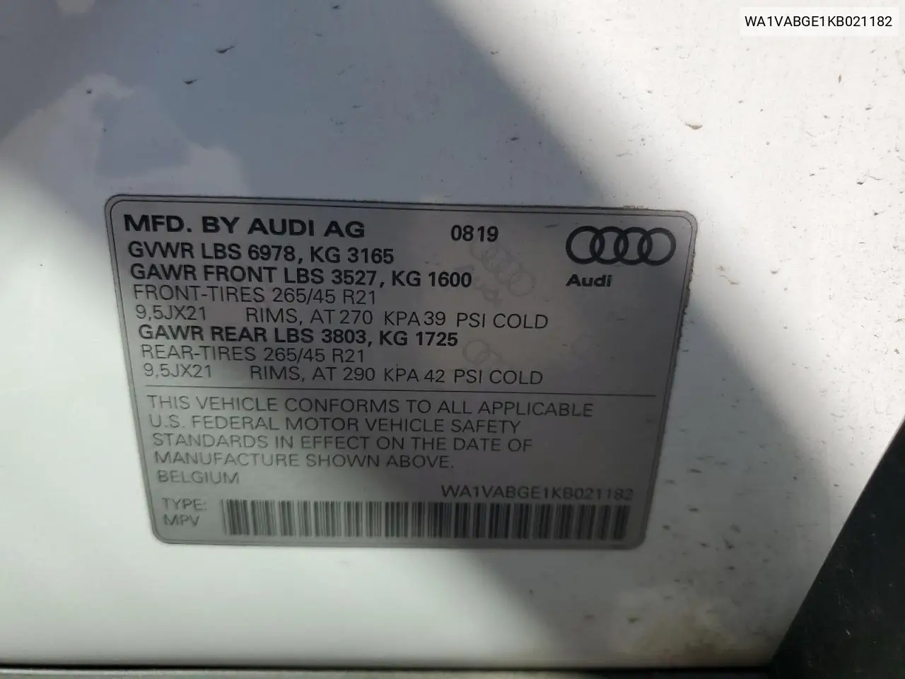 2019 Audi E-Tron Prestige VIN: WA1VABGE1KB021182 Lot: 61088505