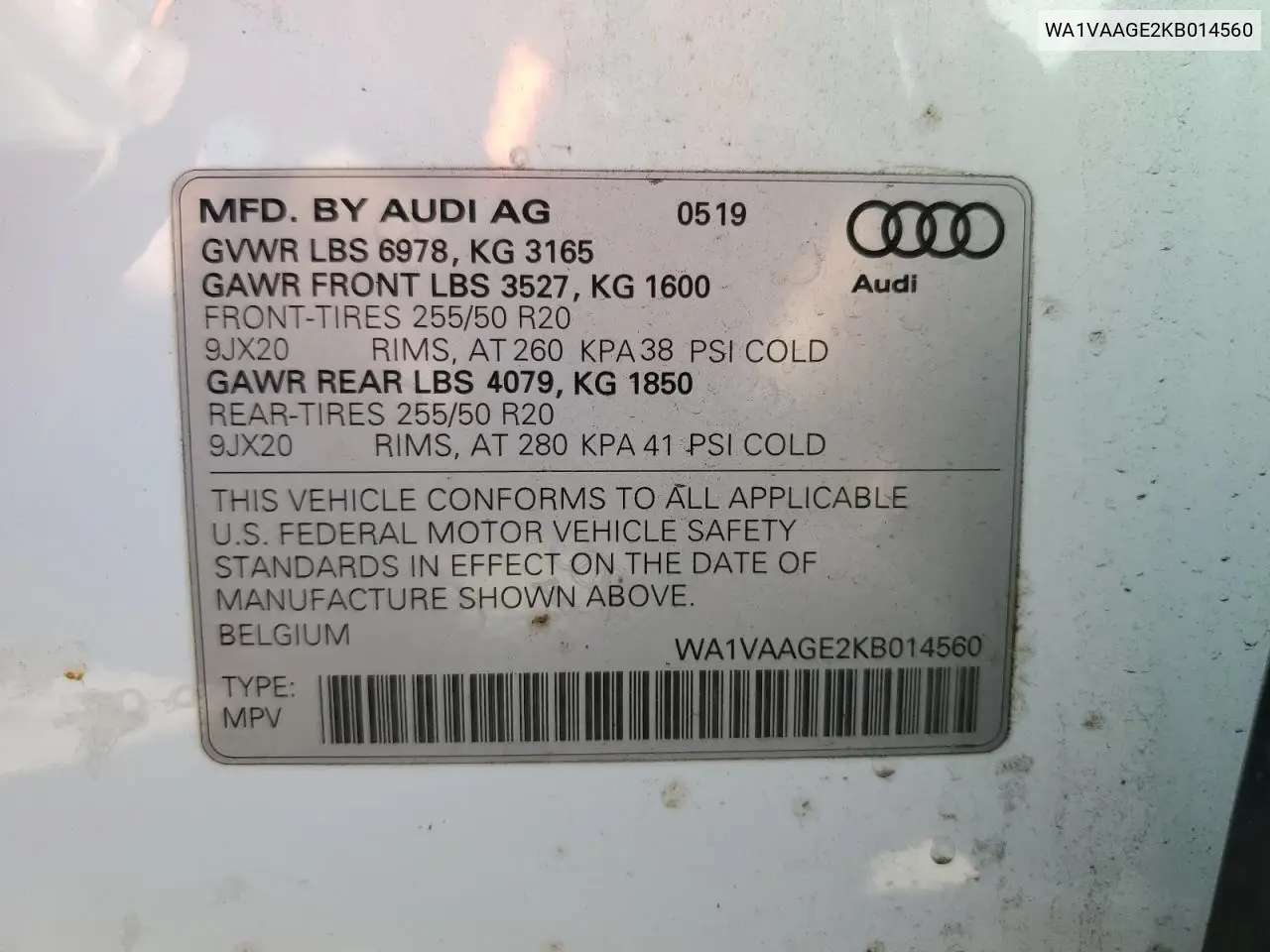 2019 Audi E-Tron Prestige VIN: WA1VAAGE2KB014560 Lot: 62085955