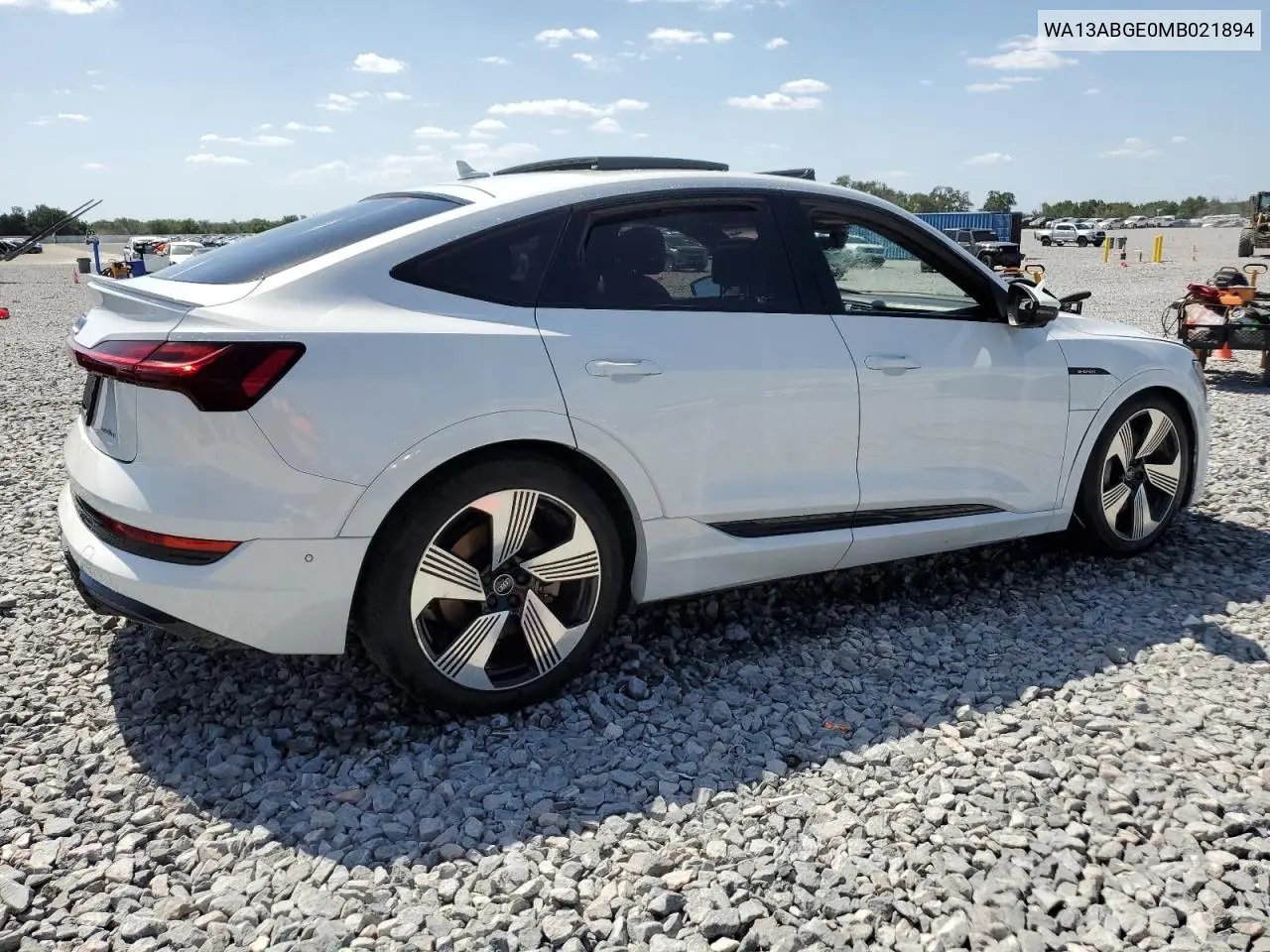 2021 Audi E-Tron Sportback Prestige VIN: WA13ABGE0MB021894 Lot: 54396515